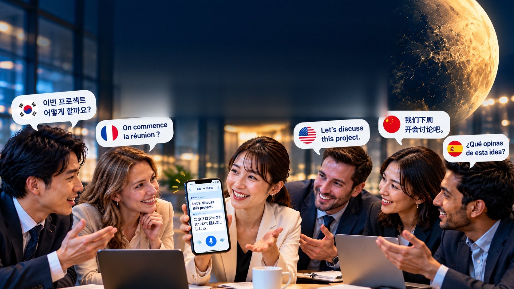 A group of colleagues speaking Korean, French, English, Chinese and Spanish gather around a phone running Kaguya, smiling as the conversation is translated.
