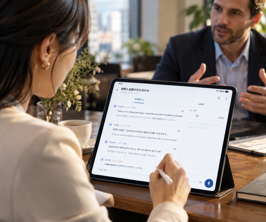 カフェのテーブルで向かい合う2人。手前の人がiPadのKaguyaを開き、相手の英語が日本語になって画面に並んでいる。